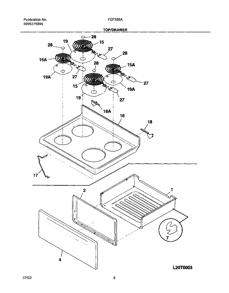 TOP / DRAWER Diagram and Parts List for FEF355AWD  Frigidaire Range