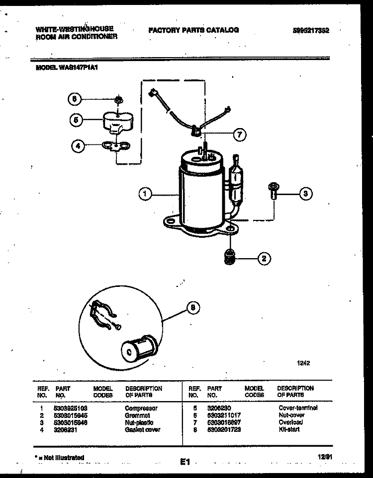 COMPRESSOR PARTS Diagram and Parts List for WAS147P1A1  Frigidaire Air Conditioner