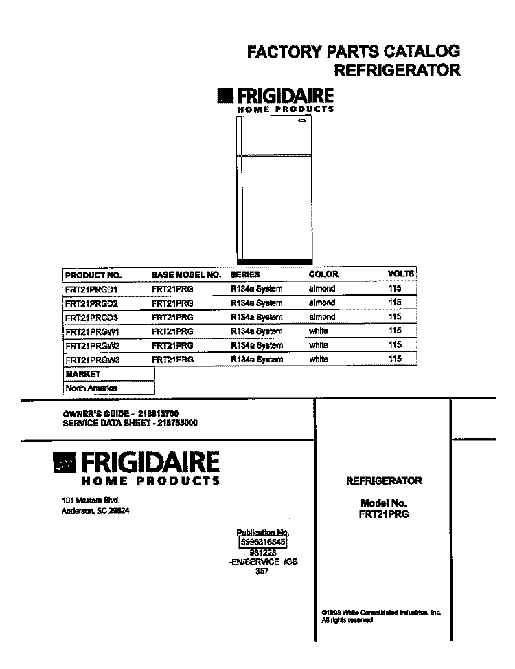 COVER Diagram and Parts List for FRT21PRGW1  Frigidaire Refrigerator