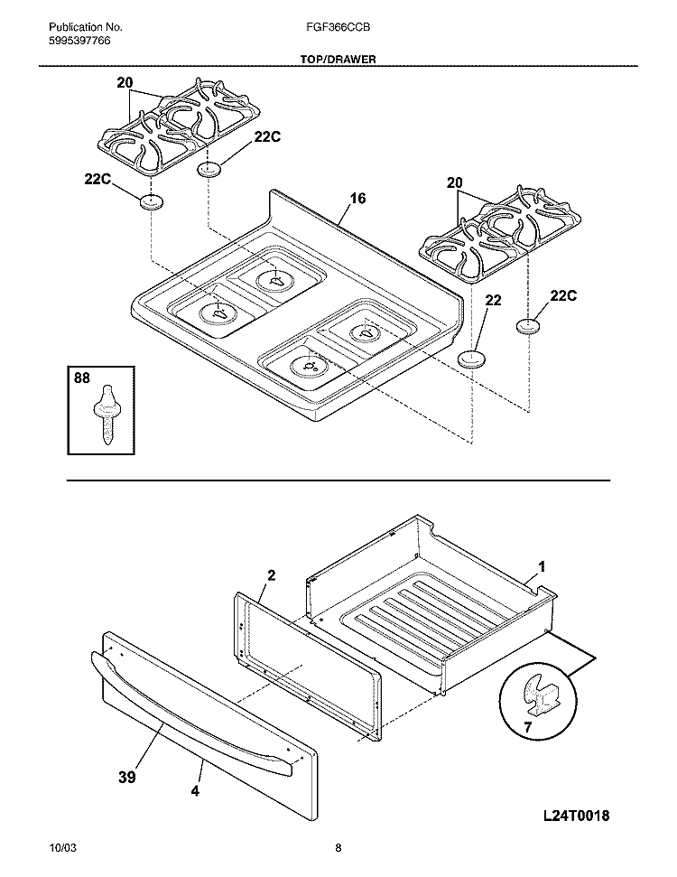 TOP / DRAWER Diagram and Parts List for FGF366CCB  Frigidaire Range