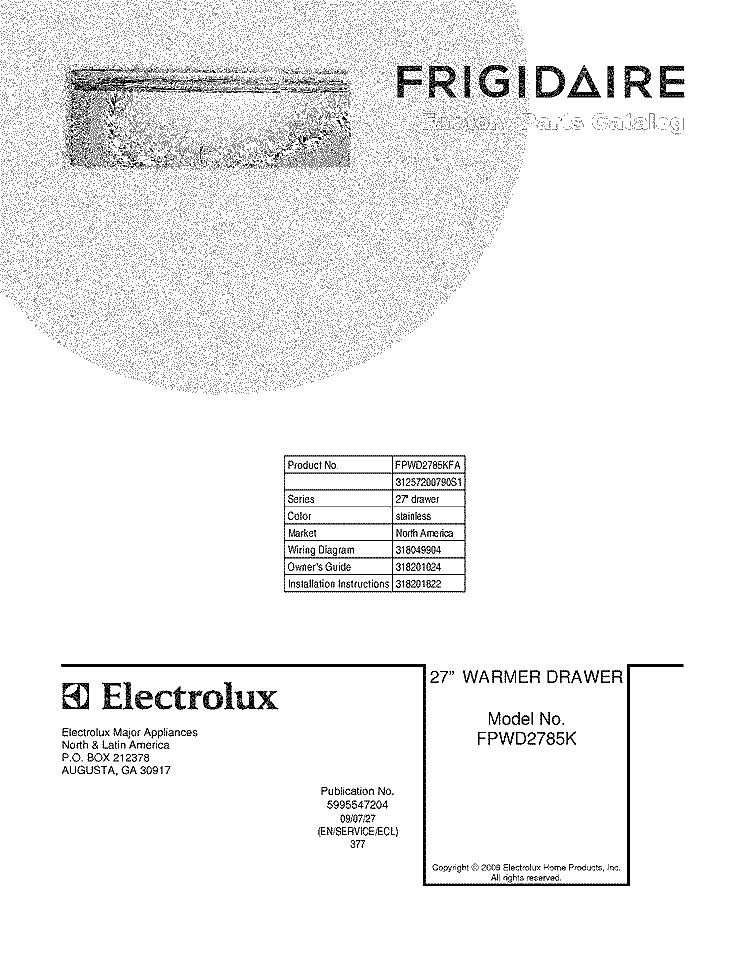 COVER Diagram and Parts List for FPWD2785KFA  Frigidaire Warming Drawer