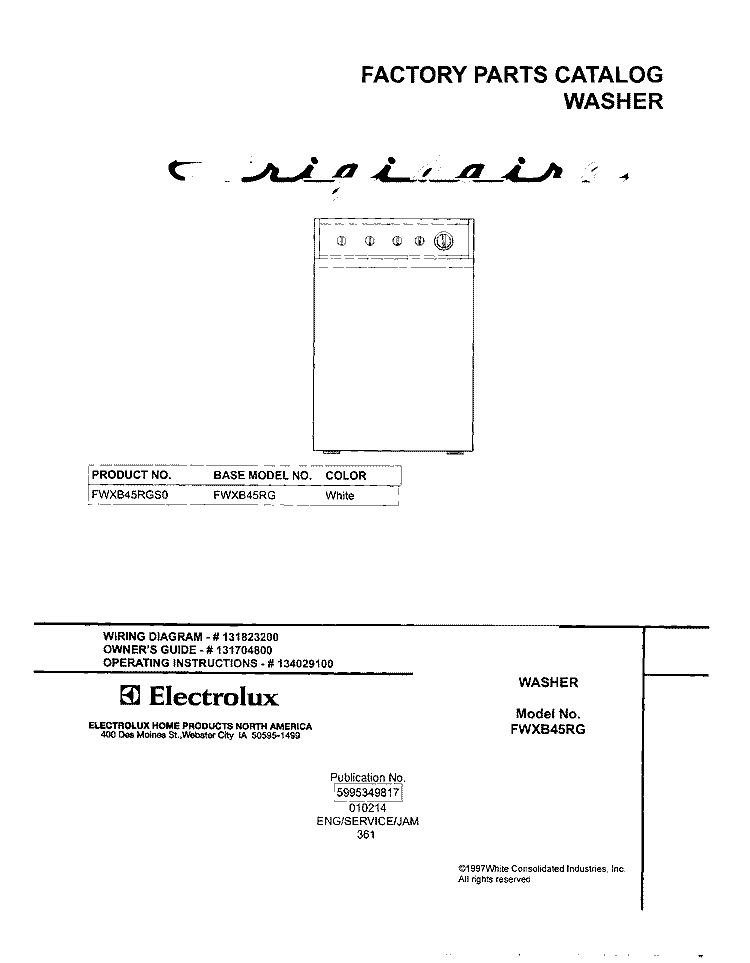 COVER Diagram and Parts List for FWXB45RGS0  Frigidaire Washer