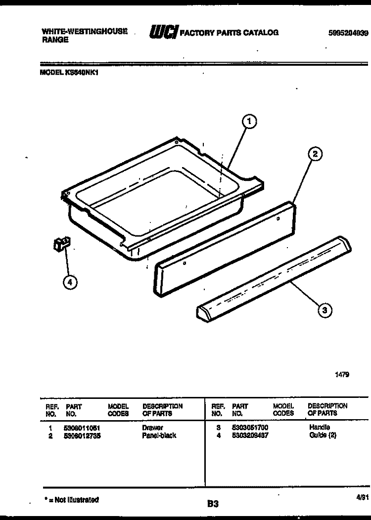 DRAWER PARTS Diagram and Parts List for KS540NKW1  Frigidaire Range