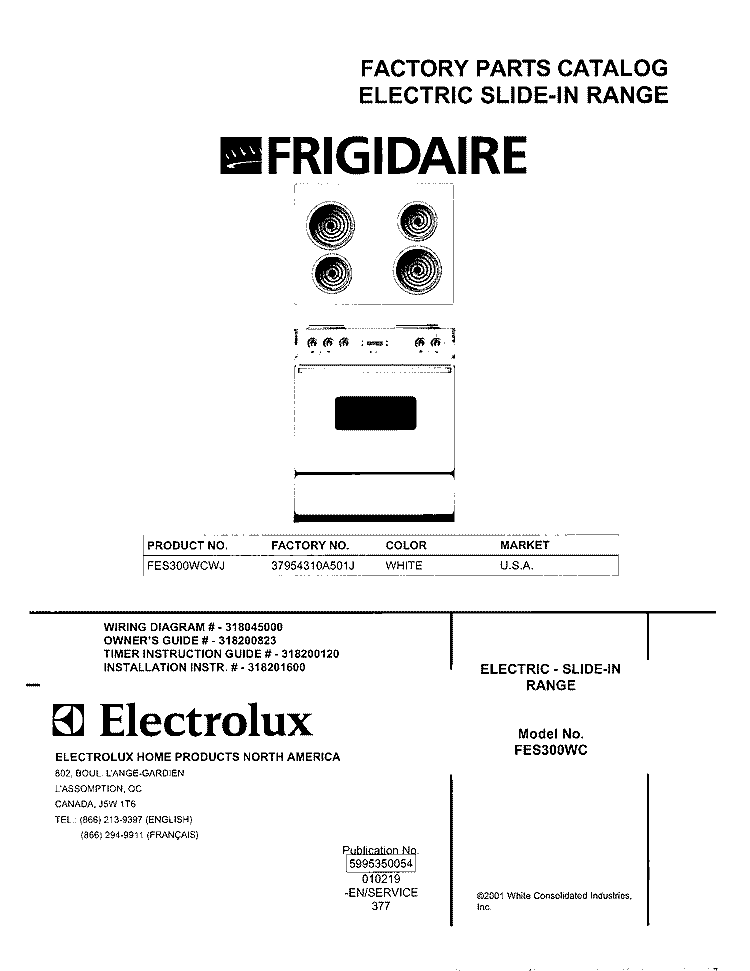 COVER Diagram and Parts List for FES300WCWJ  Frigidaire Range
