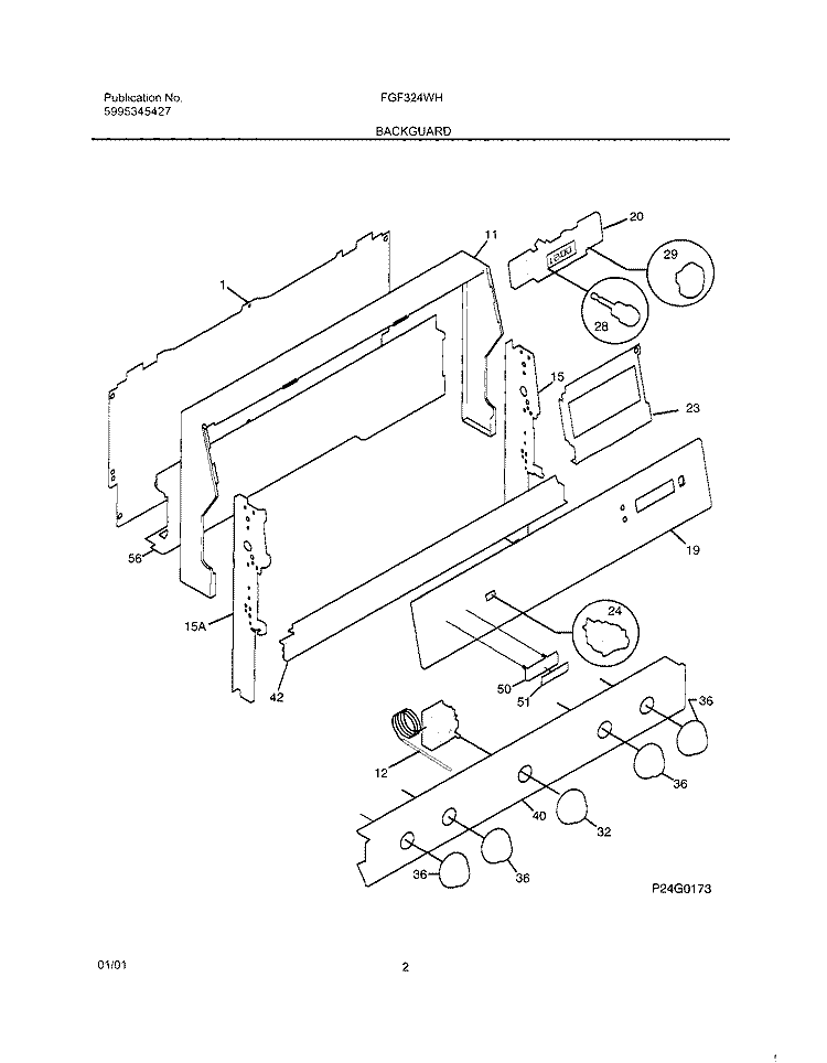 BACKGUARD Diagram and Parts List for FGF324WHSC  Frigidaire Range