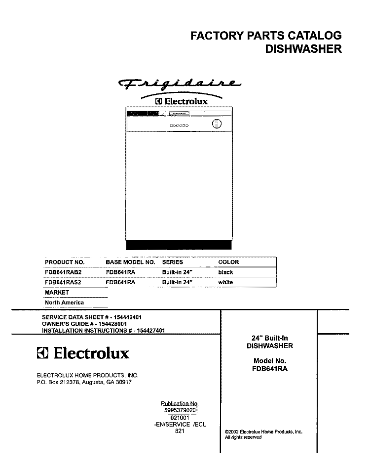 COVER Diagram and Parts List for FDB641RAS2  Frigidaire Dishwasher