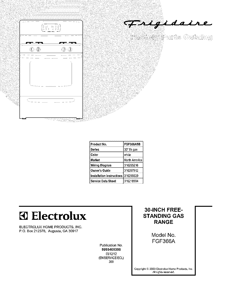 COVER Diagram and Parts List for FGF366ASB  Frigidaire Range