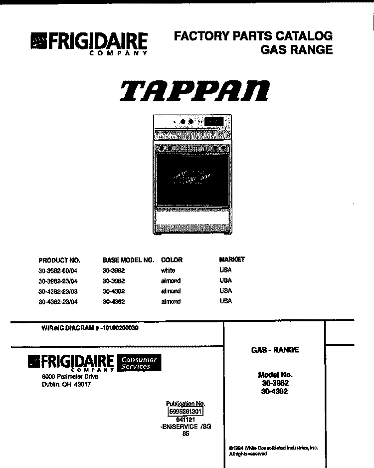 GAS RANGE Diagram and Parts List for 30-3982-23-04  Tappan Range