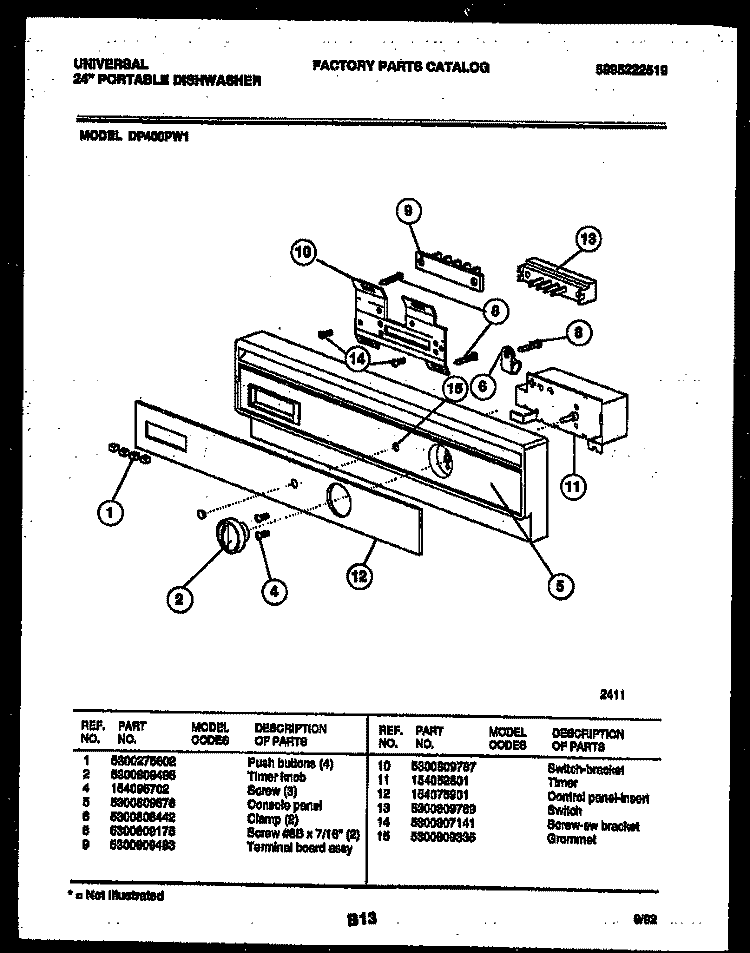 CONSOLE AND CONTROL PARTS Diagram and Parts List for DP400PWW1  Frigidaire Dishwasher