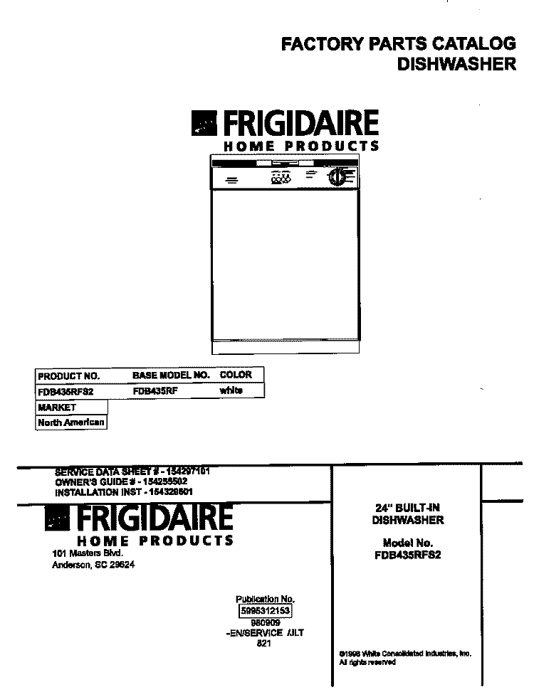 COVER Diagram and Parts List for FDB435RFS2  Frigidaire Dishwasher