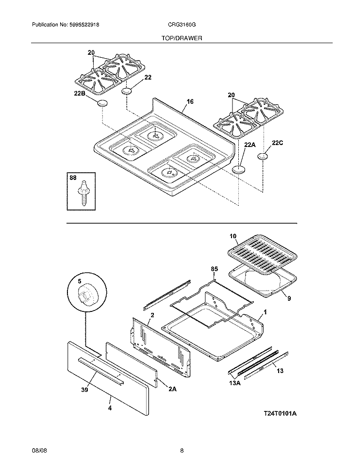 TOP/DRAWER Diagram and Parts List for CRG3160GBBC  Crosley Range