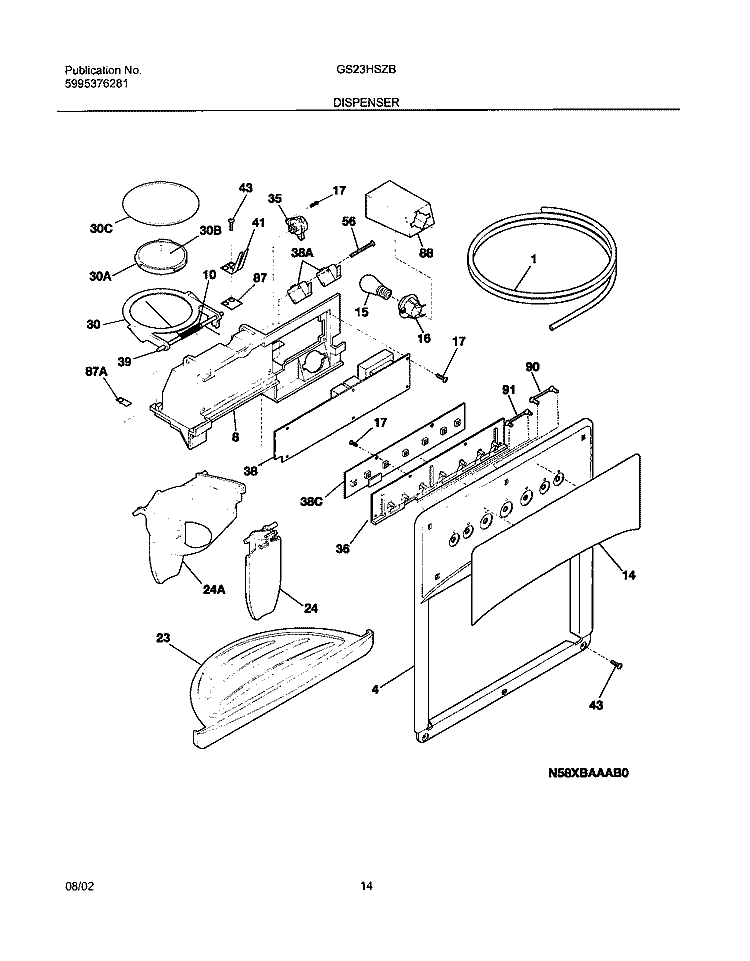 DISPENSER Diagram and Parts List for GS23HSZBC2  Frigidaire Refrigerator