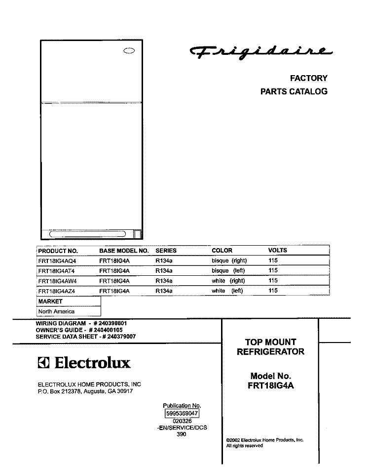 COVER Diagram and Parts List for FRT18IG4AT4  Frigidaire Refrigerator
