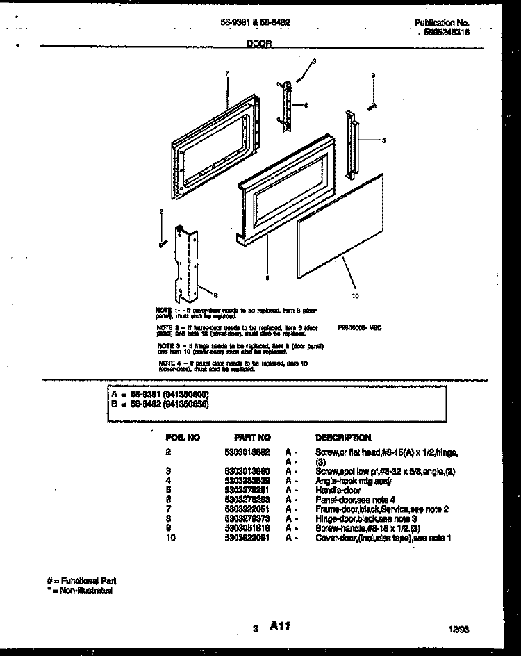 DOOR PARTS Diagram and Parts List for 56-9381-10-04  Tappan Microwave