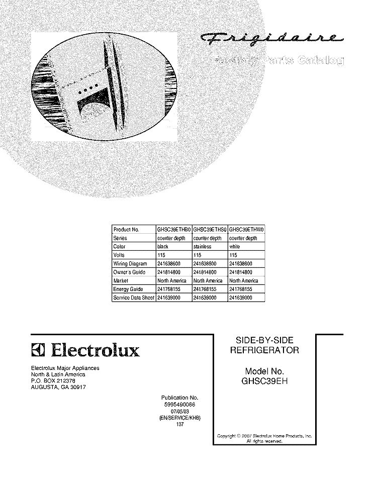 COVER Diagram and Parts List for GHSC39ETHB0  Frigidaire Refrigerator