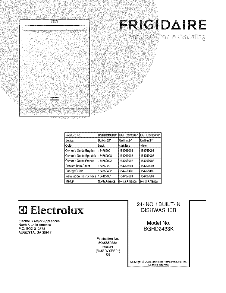 COVER Diagram and Parts List for BGHD2433KF1  Frigidaire Dishwasher