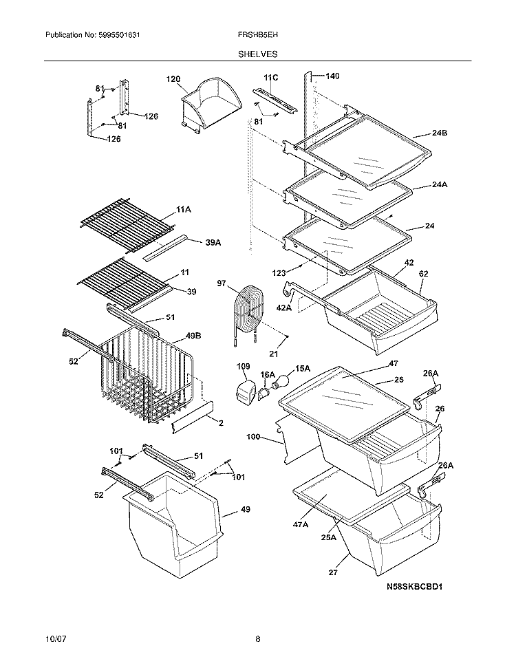SHELVES Diagram and Parts List for FRSHB5EHSB3  Frigidaire Refrigerator