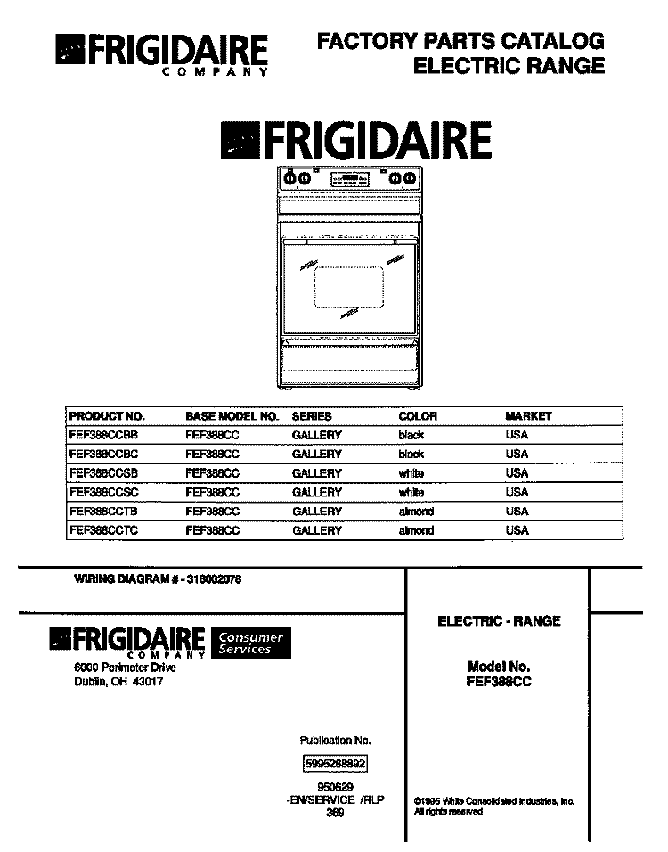 COVER Diagram and Parts List for FEF388CCTC  Frigidaire Range