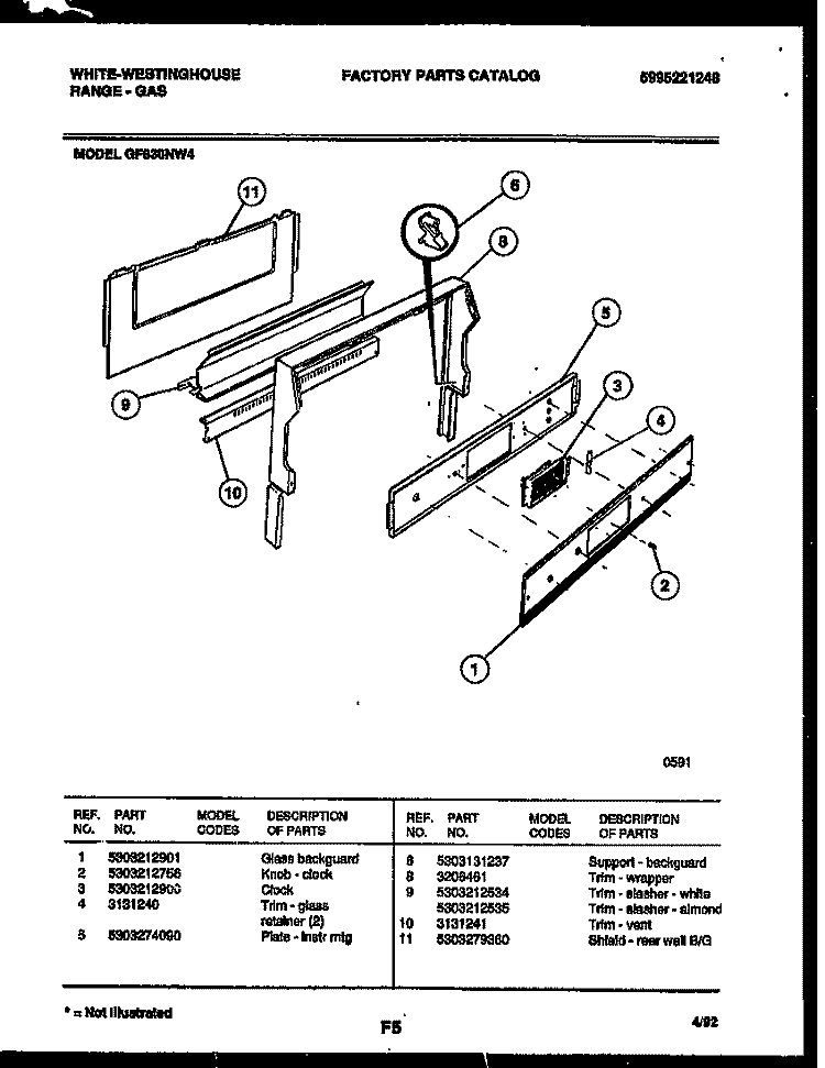 BACKGUARD Diagram and Parts List for GF830NW4  Frigidaire Range