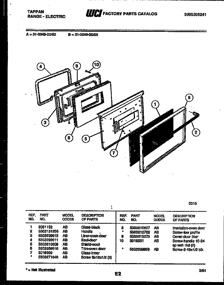 DOOR PARTS Diagram and Parts List for 31-3347-00-02  Tappan Range