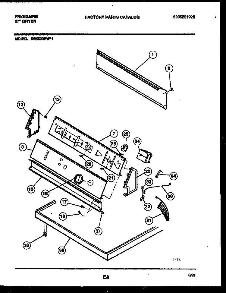 CONSOLE AND CONTROL PARTS Diagram and Parts List for DE5520RW1  Frigidaire Dryer