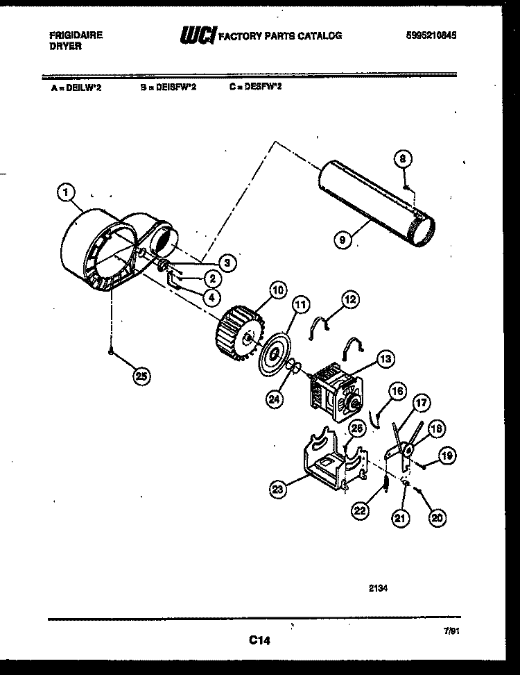 BLOWER AND DRIVE PARTS Diagram and Parts List for DEISFW2  Frigidaire Dryer