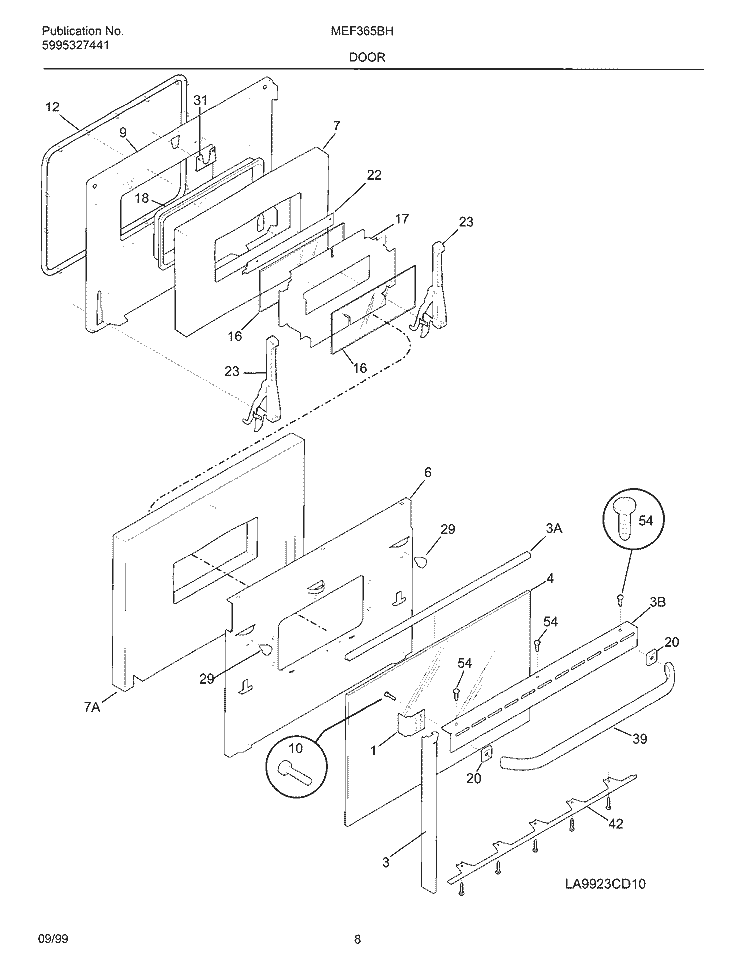 DOOR Diagram and Parts List for MEF365BHW3  Frigidaire Wall Oven