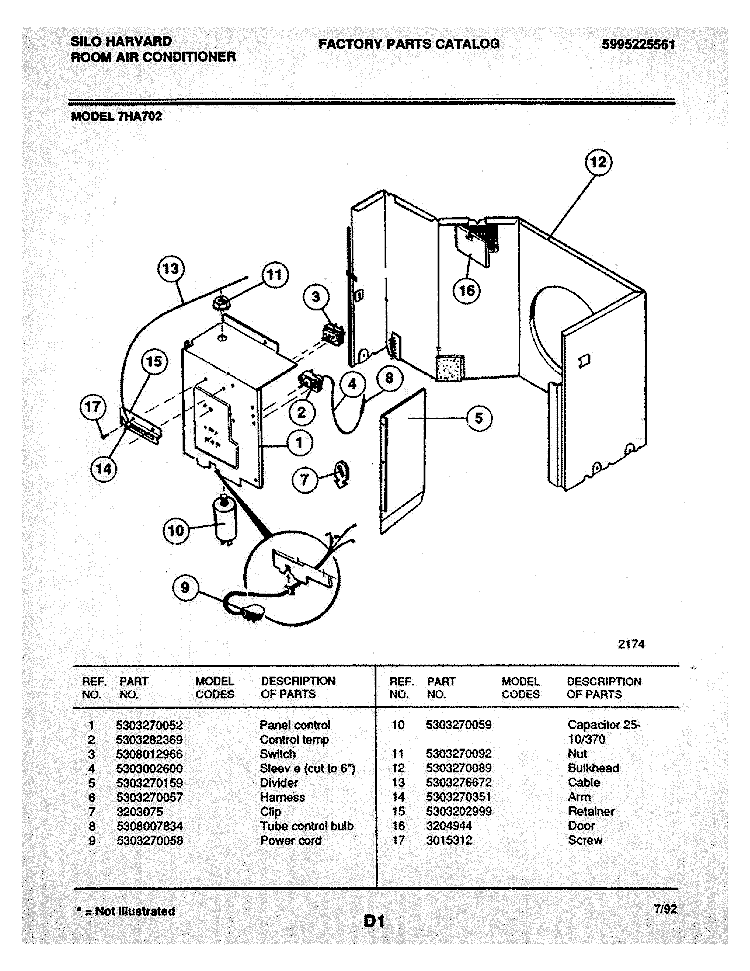CONTROL PANEL Diagram and Parts List for 7HA702  Frigidaire Air Conditioner