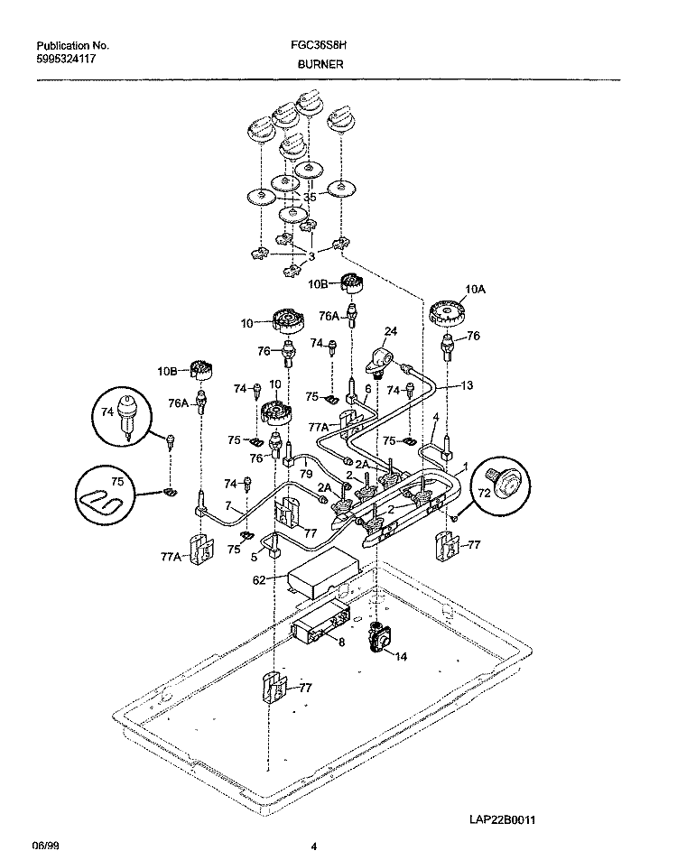 BURNER Diagram and Parts List for FGC36S8HBA  Frigidaire Cooktop