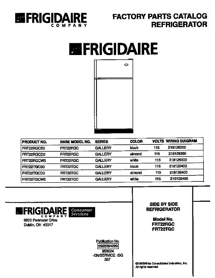 COVER Diagram and Parts List for FRT22RGCD0  Frigidaire Refrigerator