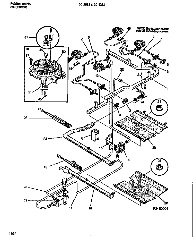 BURNER Diagram and Parts List for 30-3982-23-04  Tappan Range