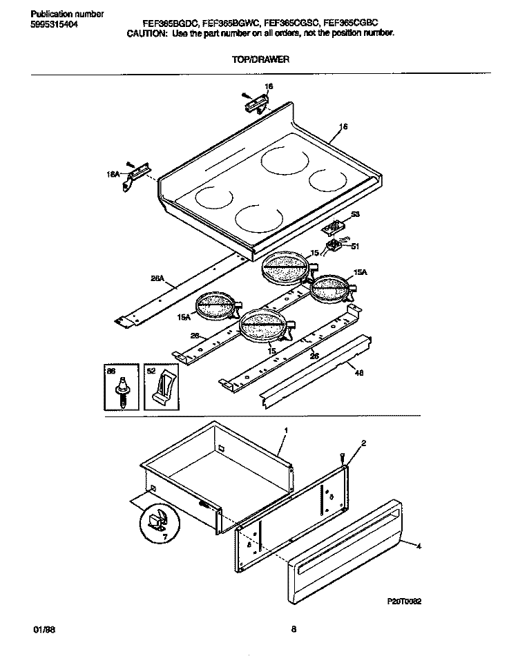 TOP / DRAWER Diagram and Parts List for FEF365CGSC  Frigidaire Range
