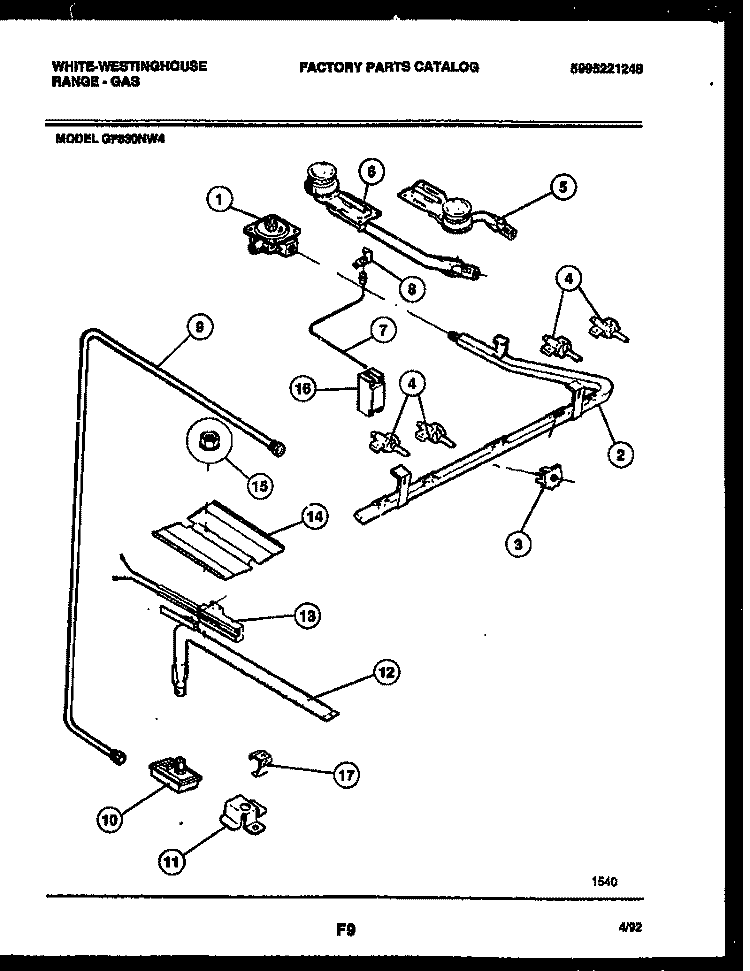 BURNER, MANIFOLD AND GAS CONTROL Diagram and Parts List for GF830NW4  Frigidaire Range