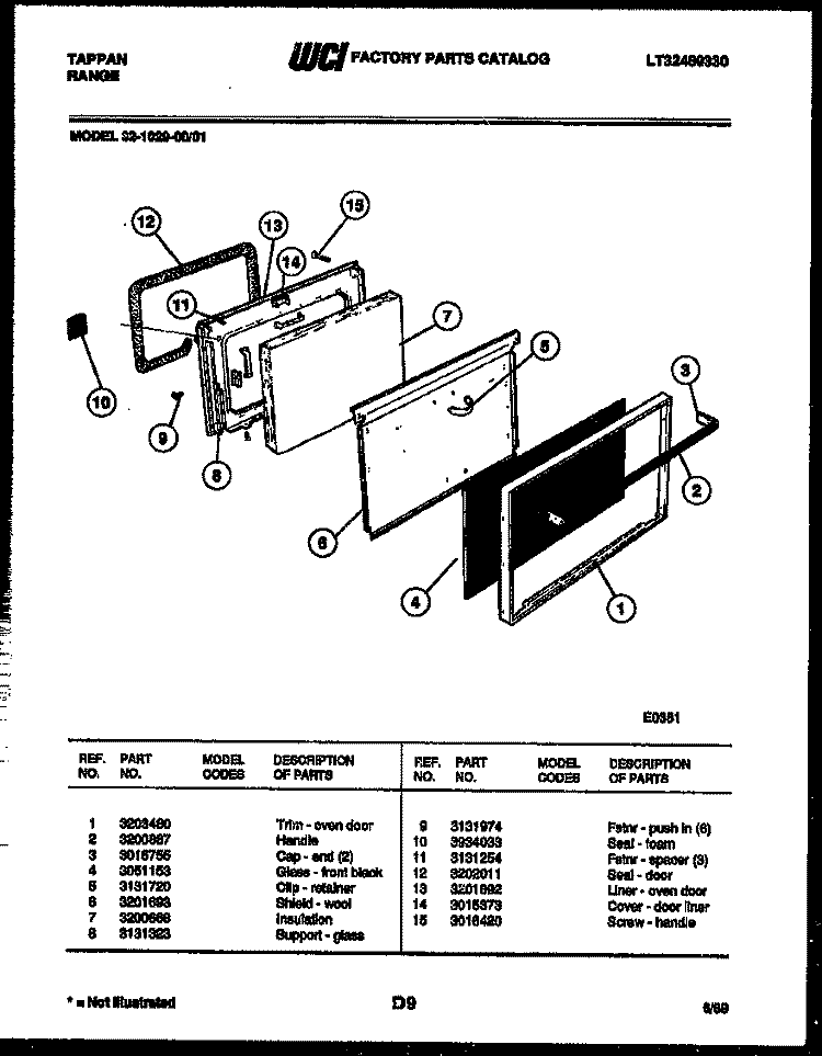DOOR PARTS Diagram and Parts List for 32-1029-00-01  Tappan Range