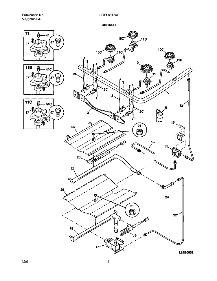 BURNER Diagram and Parts List for FGFL66ASA  Frigidaire Range