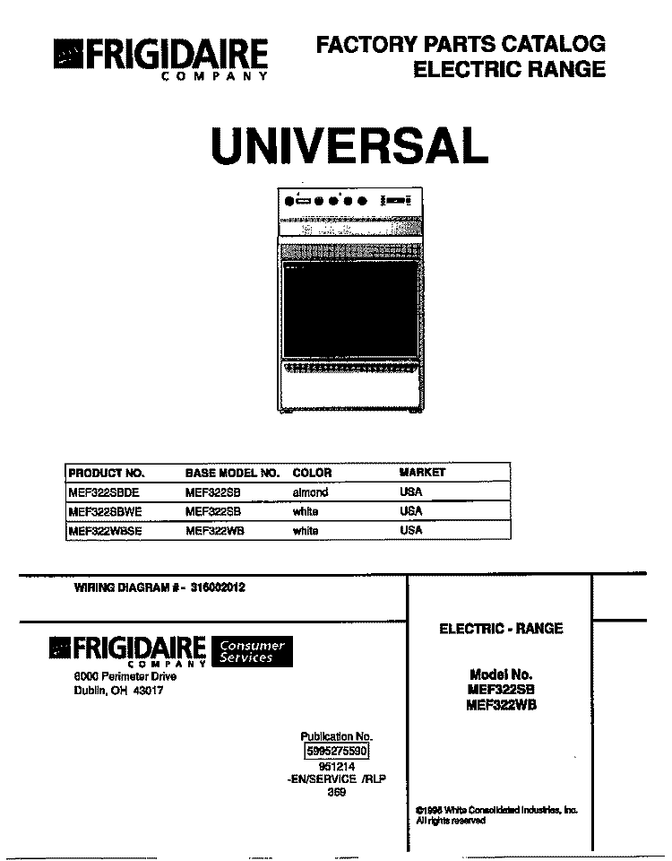 COVER Diagram and Parts List for MEF322SBDE  Frigidaire Range