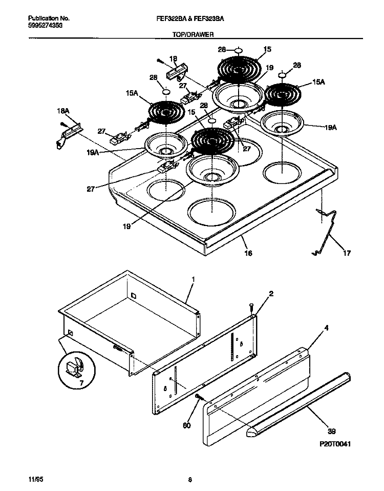 TOP / DRAWER Diagram and Parts List for FEF322BADD  Frigidaire Range