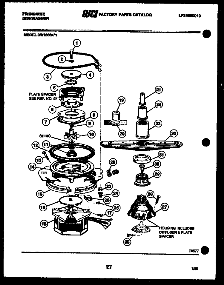 MOTOR PUMP PARTS Diagram and Parts List for DW1805KF1  Frigidaire Dishwasher