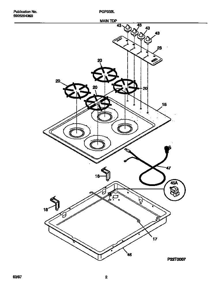 MAIN TOP Diagram and Parts List for PGP332LW3  Frigidaire Cooktop