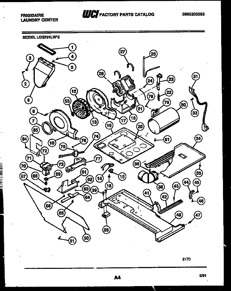 MOTOR, BLOWER AND CABINET PARTS Diagram and Parts List for LCG751LW3  Frigidaire Washer Dryer Combo
