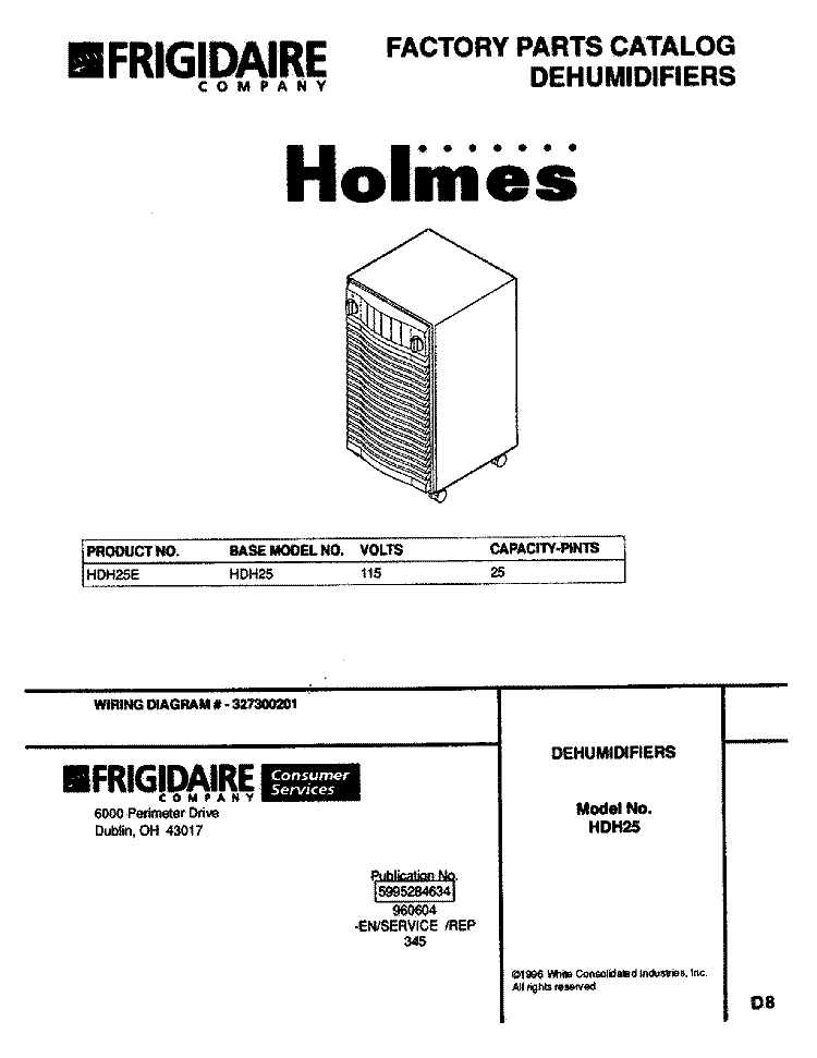 COVER Diagram and Parts List for HDH25E  Frigidaire Dehumidifier