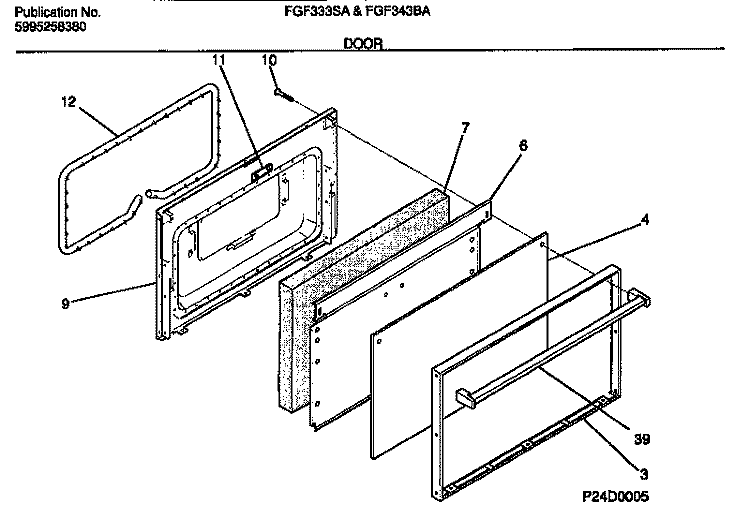 DOOR Diagram and Parts List for FGF333SADB  Frigidaire Range