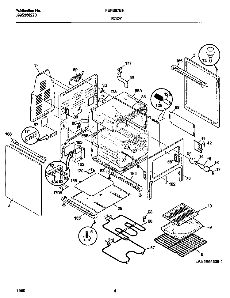 BODY Diagram and Parts List for FEFB67BHWE  Frigidaire Range
