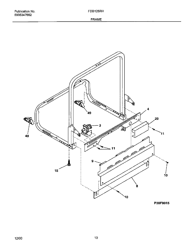 FRAME Diagram and Parts List for FDB125RHB1  Frigidaire Dishwasher
