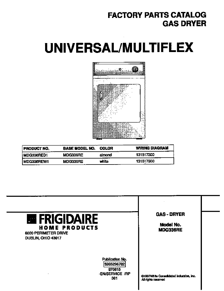 COVER Diagram and Parts List for MDG336REW1  Frigidaire Dryer