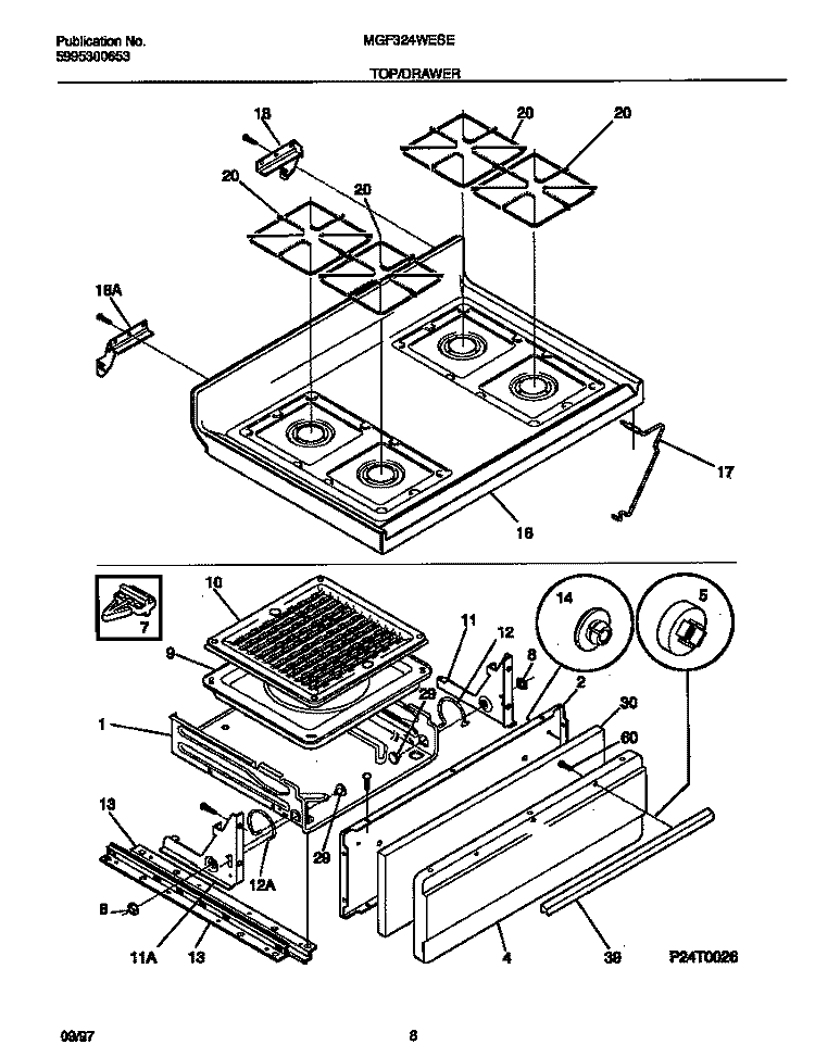 TOP / DRAWER Diagram and Parts List for MGF324WESE  Frigidaire Range