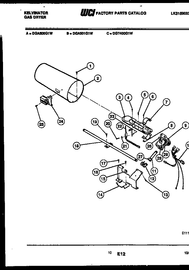 BURNER, IGNITER AND VALVE Diagram and Parts List for DGA500G1D  Kelvinator Dryer