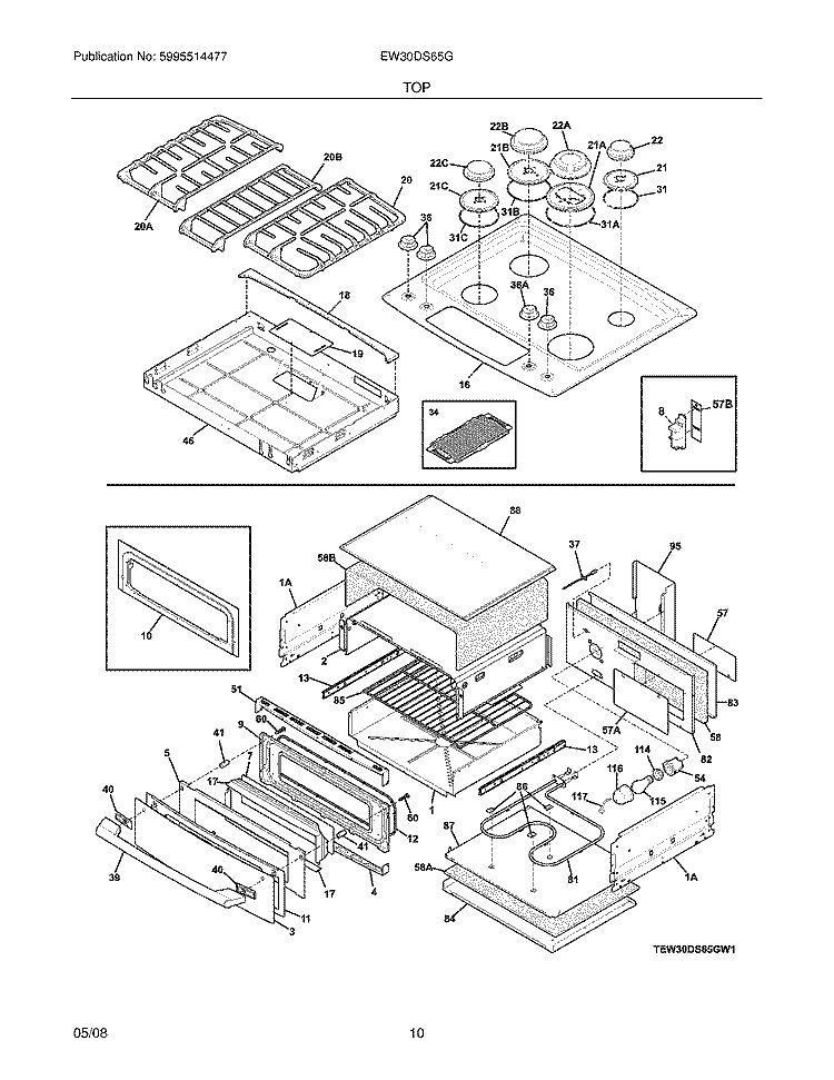 TOP/DRAWER Diagram and Parts List for EW30DS65GW2  Electrolux Range