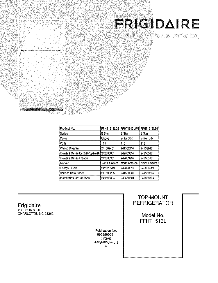 COVER Diagram and Parts List for FFHT1513LW6  Frigidaire Refrigerator