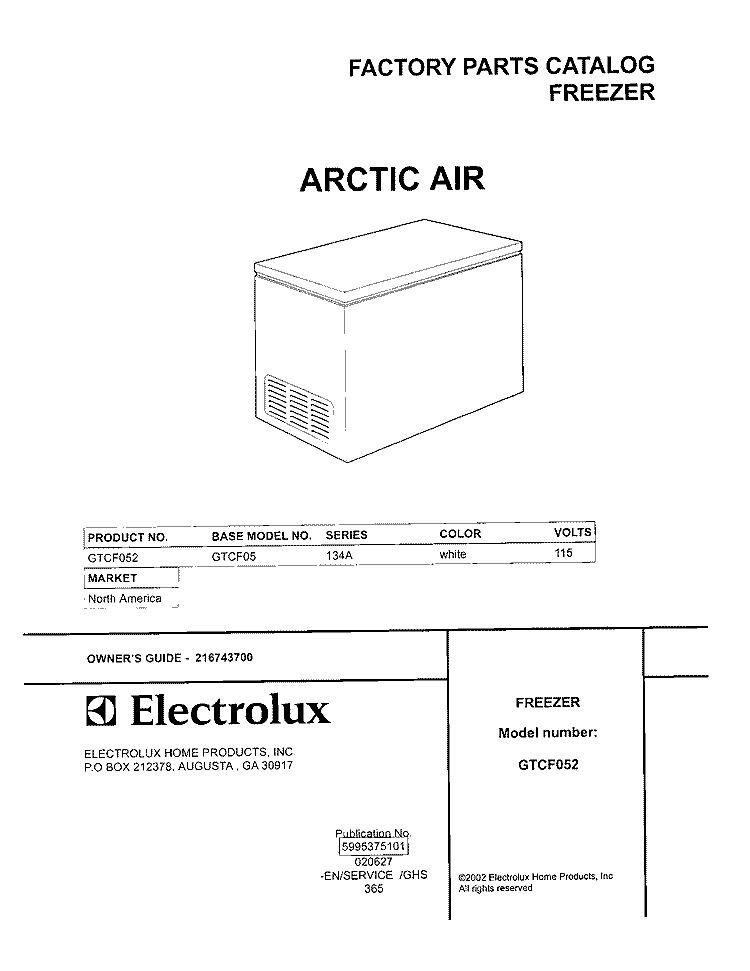 COVER Diagram and Parts List for GTCF052  Frigidaire Freezer